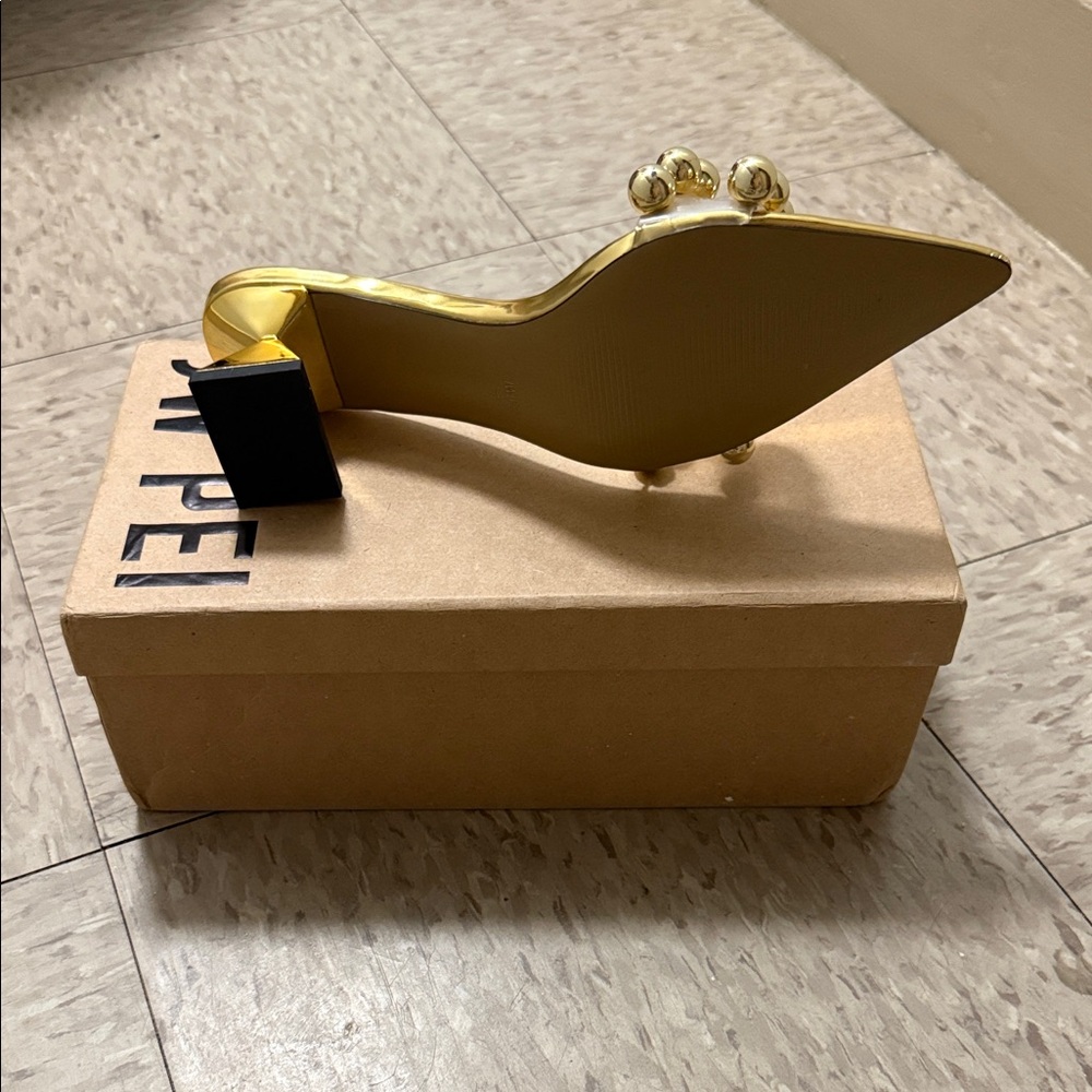 JW PEI Metallic Gold Heels with Beaded Strap - Picture 2 of 5
